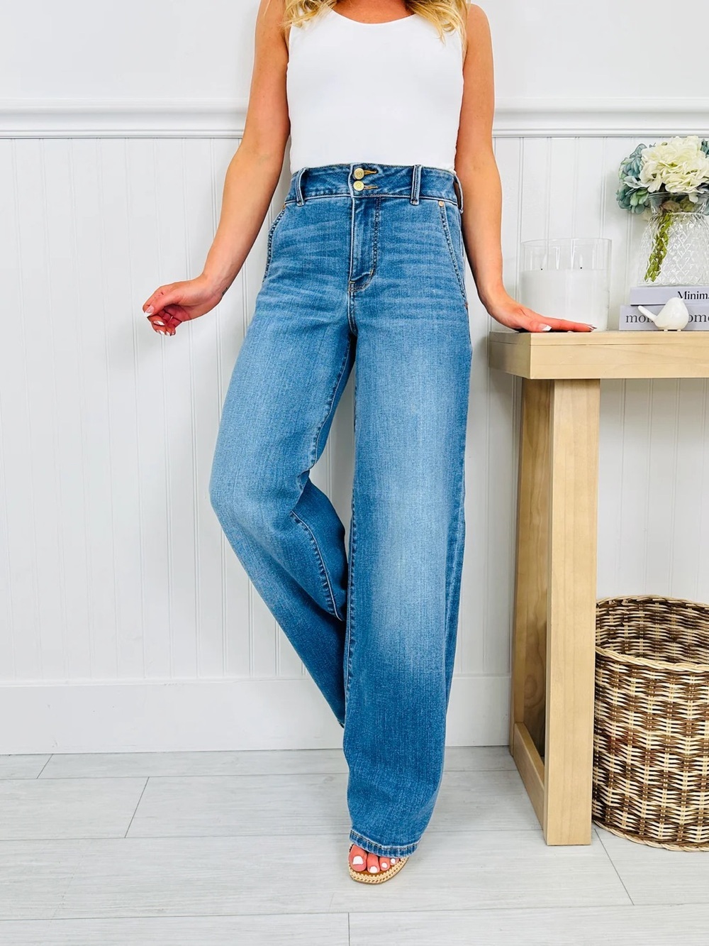 Judy Blue Trouser Column Wide Leg Jeans Women’s 26 Long 33” Inseam Medium Wash